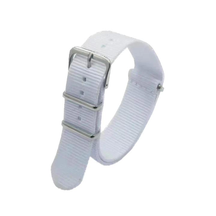 Pagani Design nylon watch strap in white color, 20mm width, with metal buckle, front view, background removed
