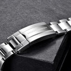 PAGANI DESIGN 20mm oyster polished stainless steel strap clasp closeup with brand engraving