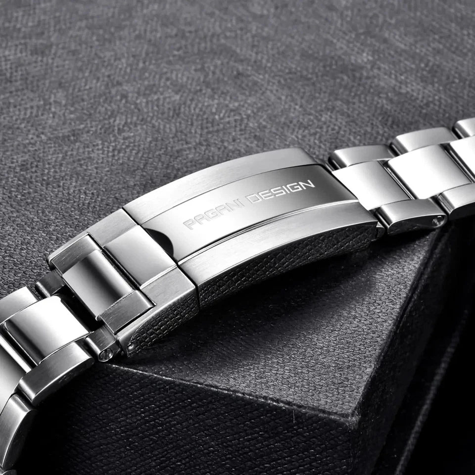 PAGANI DESIGN 20mm oyster polished stainless steel strap clasp closeup with brand engraving