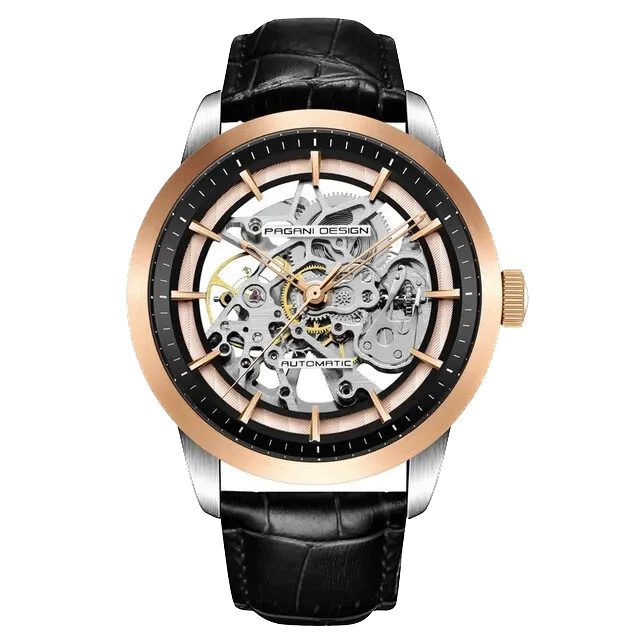 Front view of Pagani Design PD-1638 skeleton automatic watch with rose gold and silver case, skeletonized dial, and black leather strap on a transparent background.