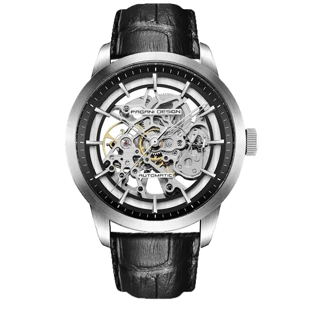 Front view of Pagani Design PD-1638 skeleton automatic watch with silver case, skeletonized dial, and black leather strap on a transparent background.