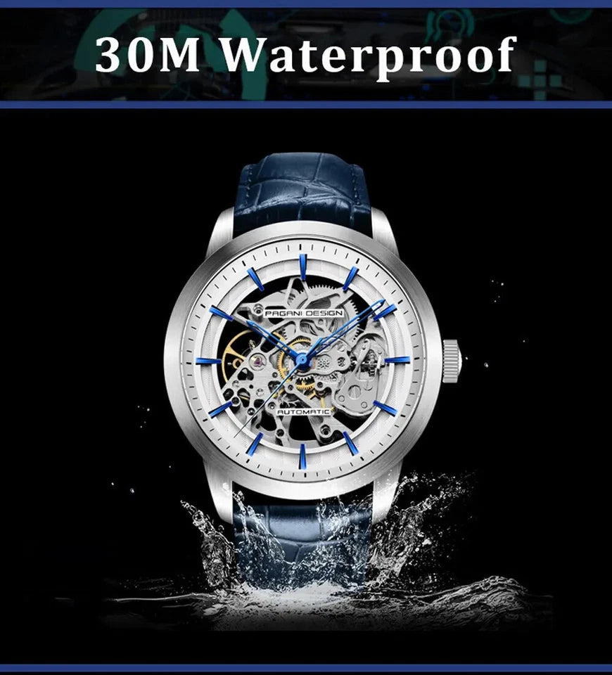 Infographic showing Pagani Design PD-1638 skeleton automatic watch with silver case, skeletonized dial, and blue leather strap demonstrating 30M waterproof rating with water splashes.