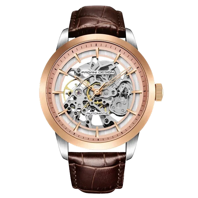 Front view of Pagani Design PD-1638 skeleton automatic watch with rose gold bezel, silver case, skeletonized dial, and brown leather strap on a transparent background.