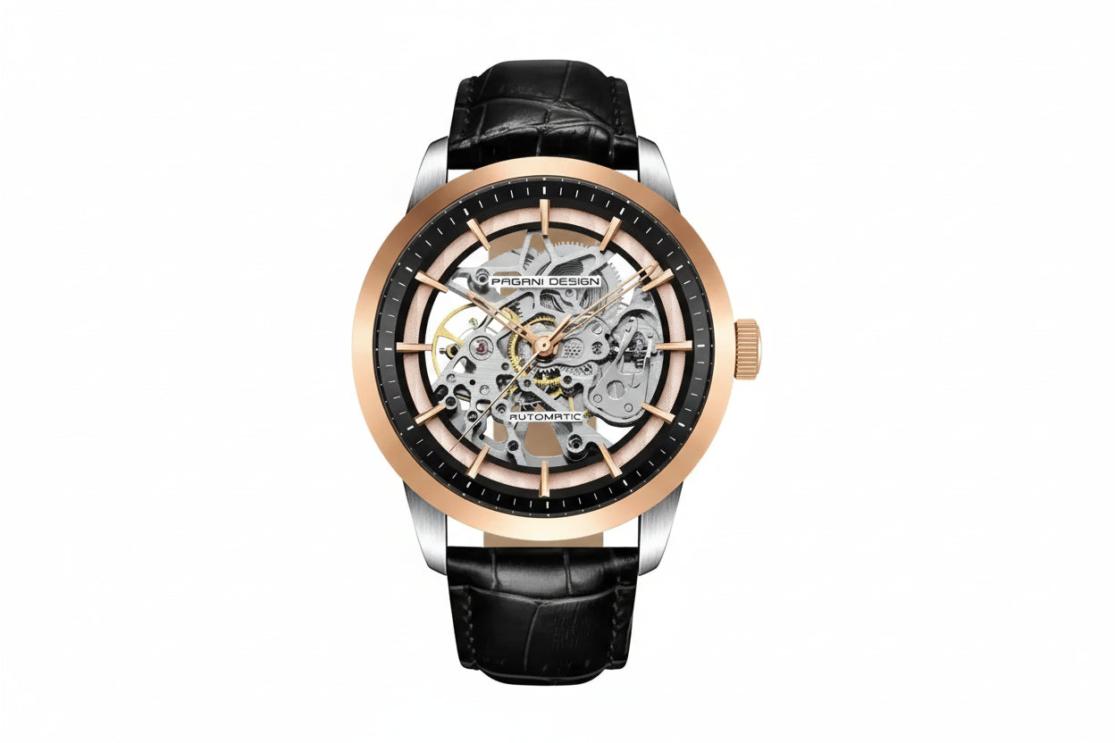 PAGANI DESIGN PD-1638 Skeleton automatic watch with rose gold case and black leather strap, front view