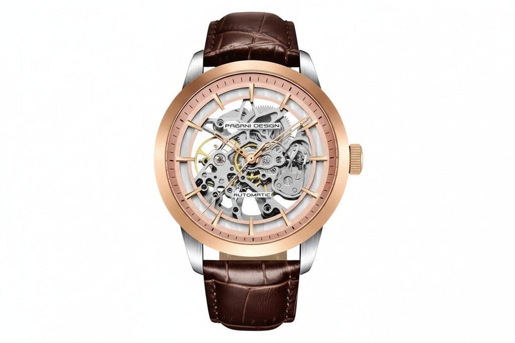 PAGANI DESIGN PD-1638 Skeleton automatic rose gold watch with brown leather strap, front view