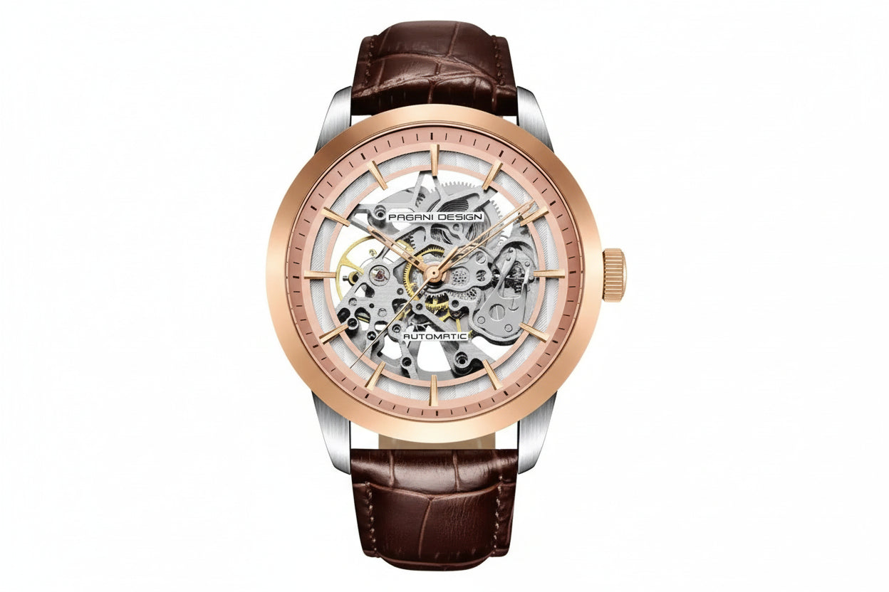 PAGANI DESIGN PD-1638 Skeleton automatic rose gold watch with brown leather strap, front view