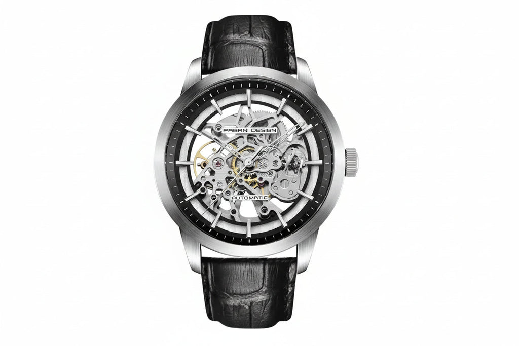 PAGANI DESIGN PD-1638 Skeleton automatic silver watch with black leather strap, front view