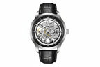 PAGANI DESIGN PD-1638 Skeleton automatic silver watch with black leather strap, front view