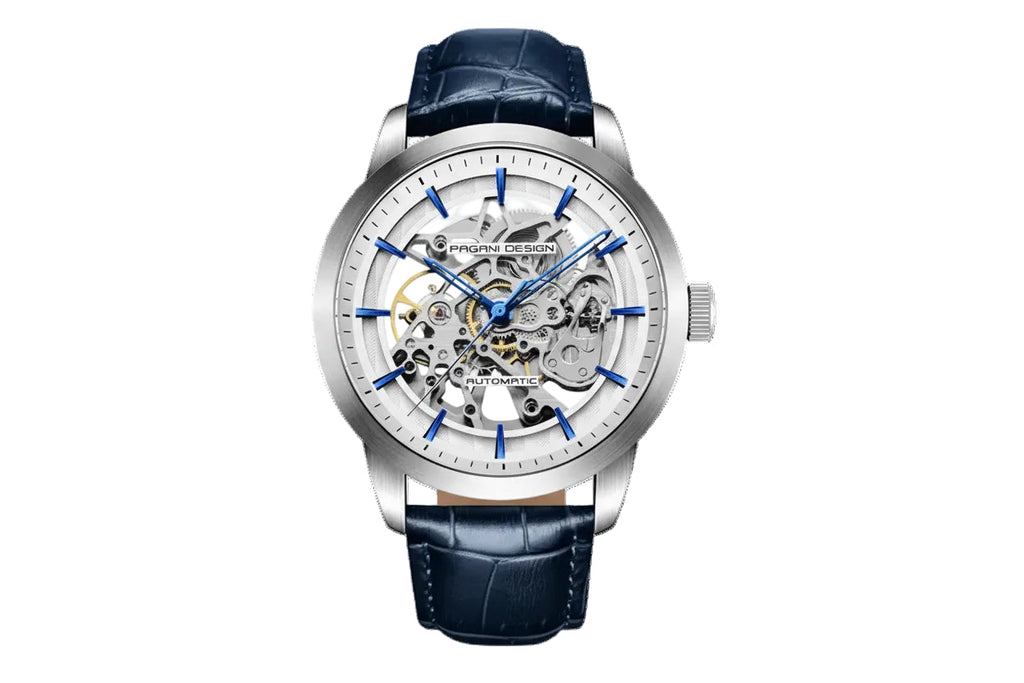 PAGANI DESIGN PD-1638 Skeleton automatic silver watch with blue accents and blue leather strap, front view