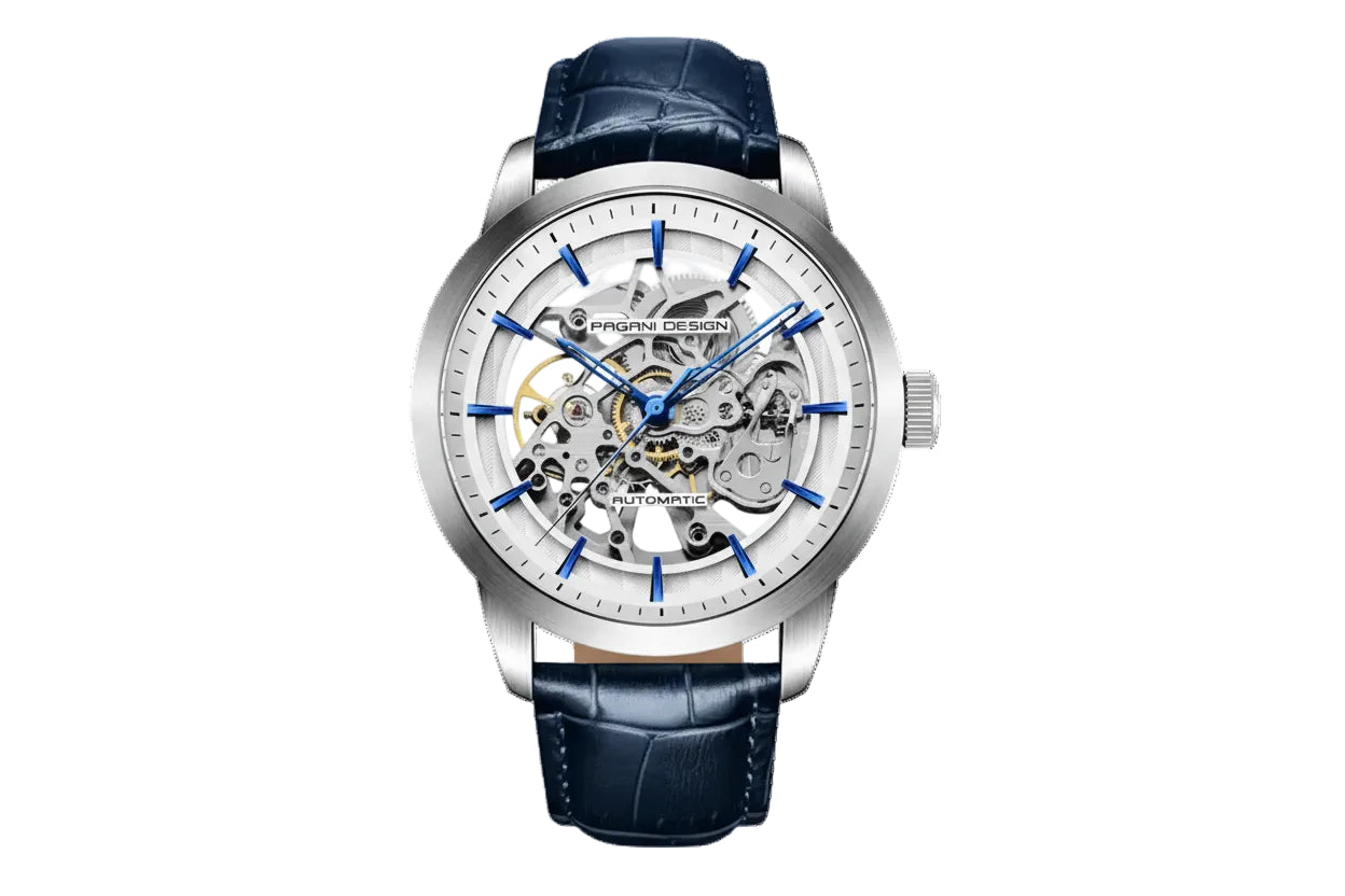 PAGANI DESIGN PD-1638 Skeleton automatic silver watch with blue accents and blue leather strap, front view