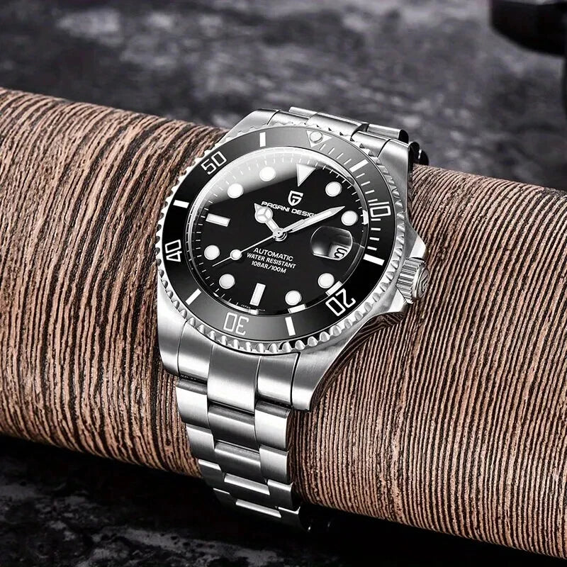 Lifestyle shot of Pagani Design PD-1639 mechanical automatic diver watch with black dial, ceramic bezel, stainless steel case and bracelet, resting on a coiled rope.