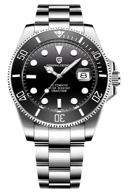 Front view of Pagani Design PD-1639 mechanical automatic diver watch with black dial, ceramic rotating bezel, luminous markers, stainless steel case and bracelet.