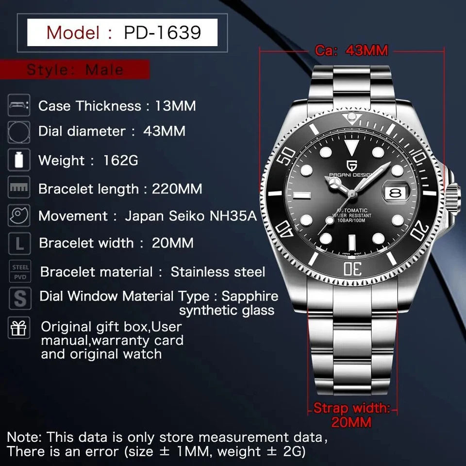 Specifications chart for Pagani Design PD-1639 mechanical automatic diver watch showing case thickness, dial diameter, weight, bracelet length, movement type (Japan Seiko NH35A), bracelet width, material, and included gift box and warranty.