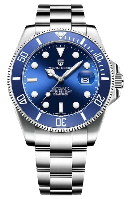 Front view of Pagani Design PD-1639 mechanical automatic diver watch with blue dial, ceramic rotating bezel, luminous markers and hands, stainless steel case and bracelet.