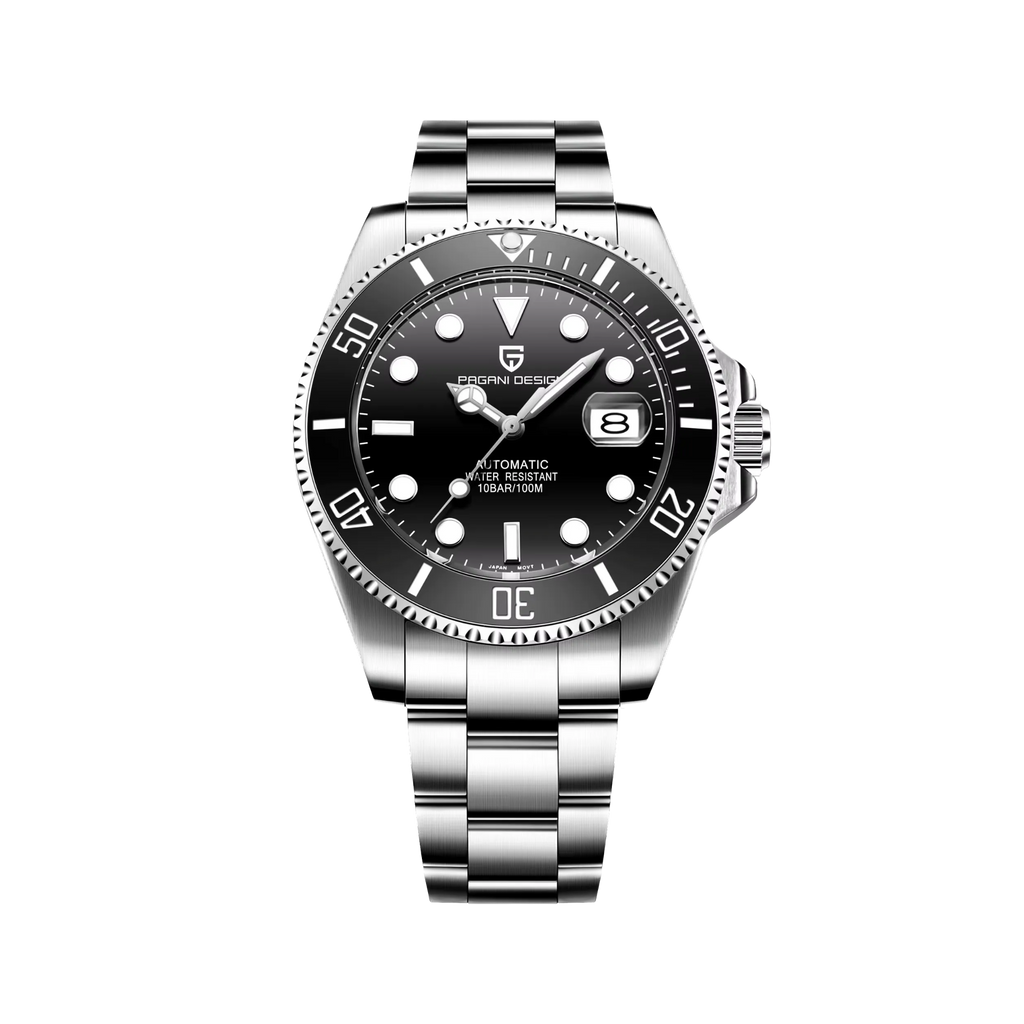 PAGANI DESIGN PD-1639 automatic diver watch with black dial, front view