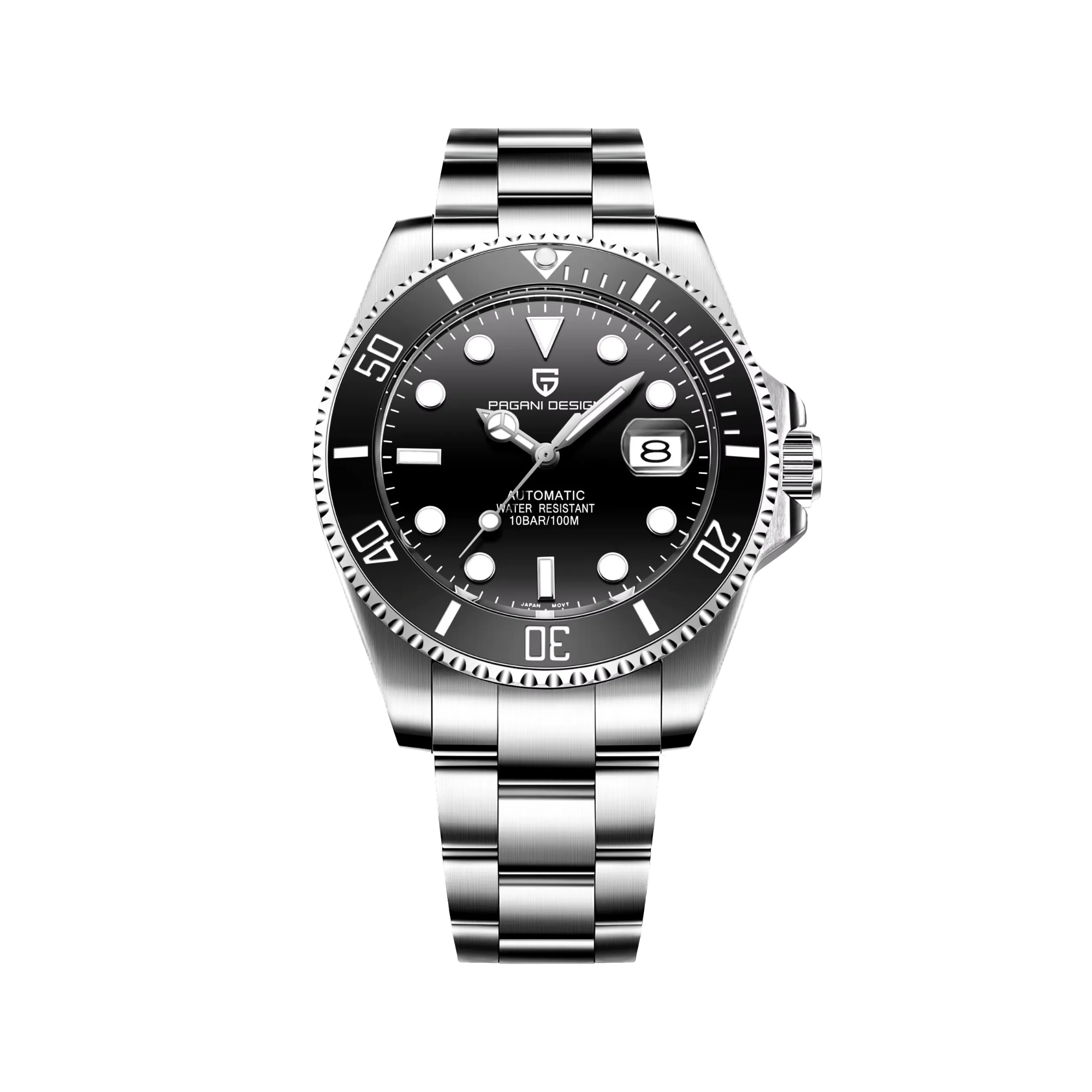 PAGANI DESIGN PD-1639 automatic diver watch with black dial, front view