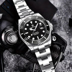 PAGANI DESIGN PD-1639 automatic dive-style watch with black dial and stainless steel bracelet