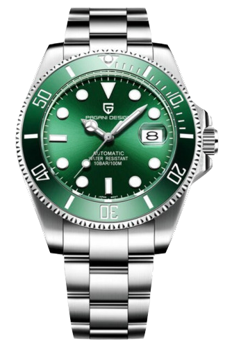 Front view of Pagani Design PD-1639 mechanical automatic diver watch with green dial, ceramic rotating bezel, luminous markers and hands, stainless steel case and bracelet.