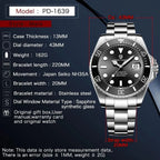 PAGANI DESIGN PD-1639 specifications graphic with case and bracelet dimensions