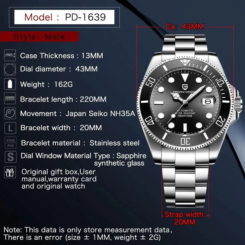 PAGANI DESIGN PD-1639 specifications graphic with case and bracelet dimensions