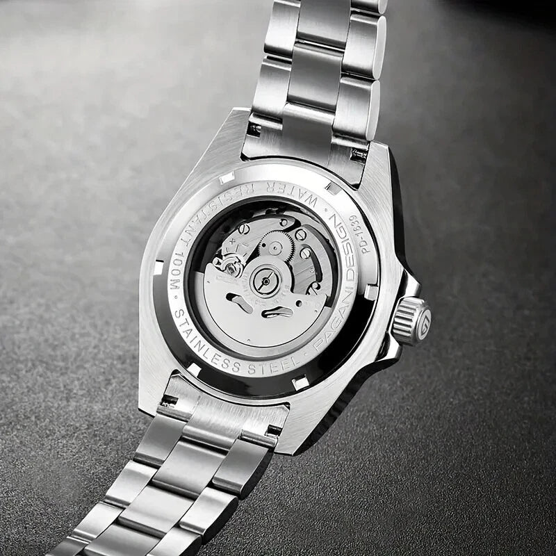 Back view of Pagani Design PD-1639 mechanical automatic diver watch showing the exhibition case back and stainless steel bracelet.