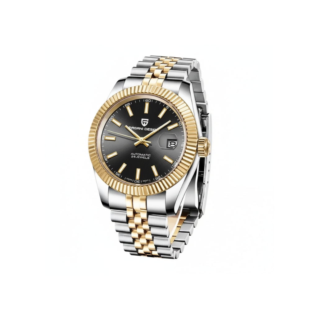 PAGANI DESIGN PD-1645 automatic watch black dial two-tone gold bracelet front view