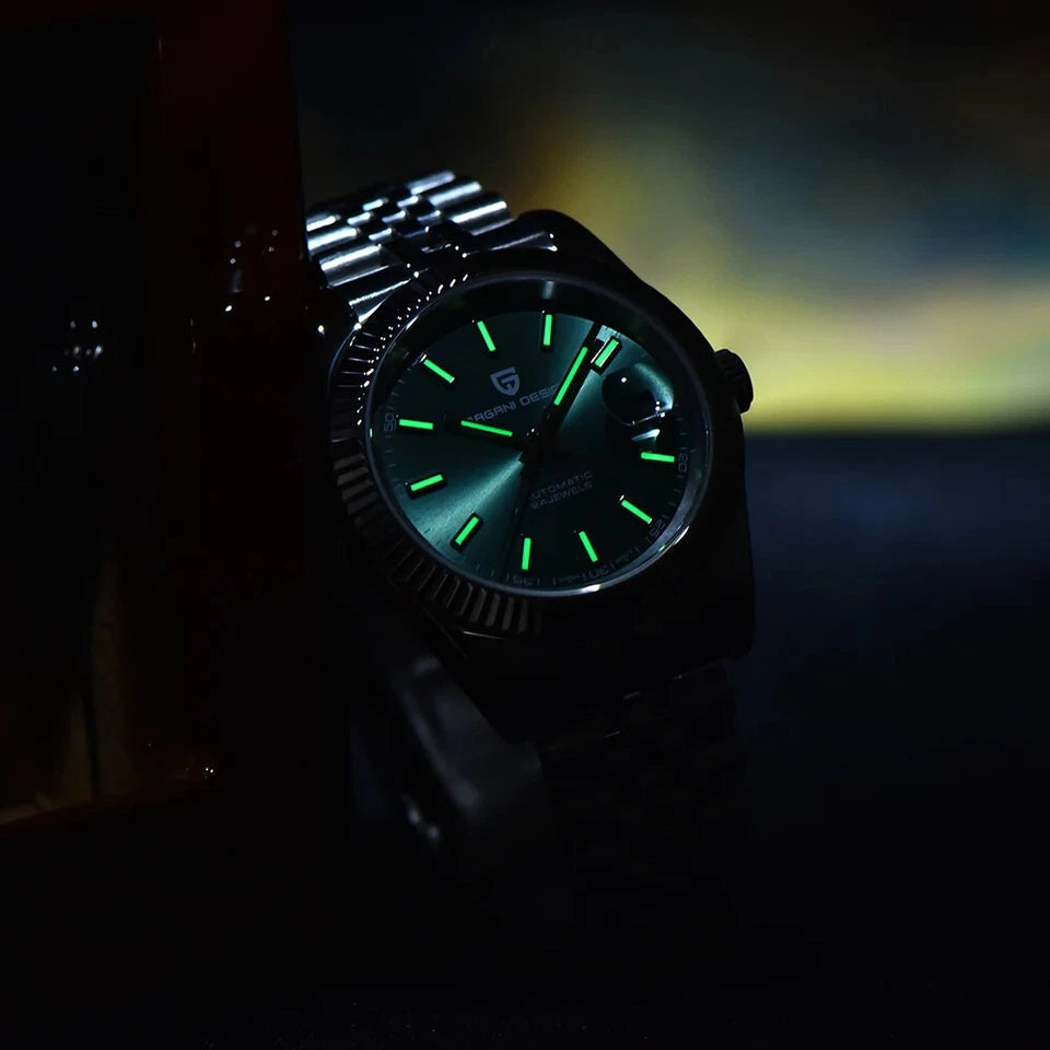 PAGANI DESIGN PD-1645 Jubilee green dial with green lume in low light, lifestyle view