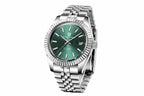 PAGANI DESIGN PD-1645 Jubilee automatic silver watch with green dial, angled view