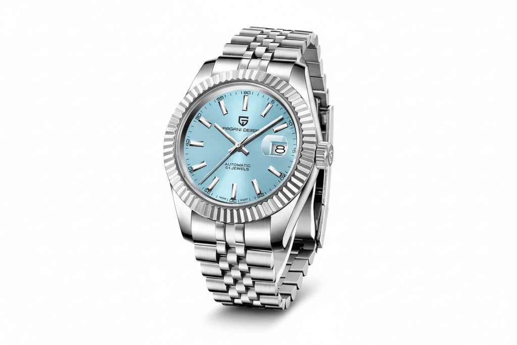 PAGANI DESIGN PD-1645 Jubilee automatic silver watch with ice blue dial, angled view