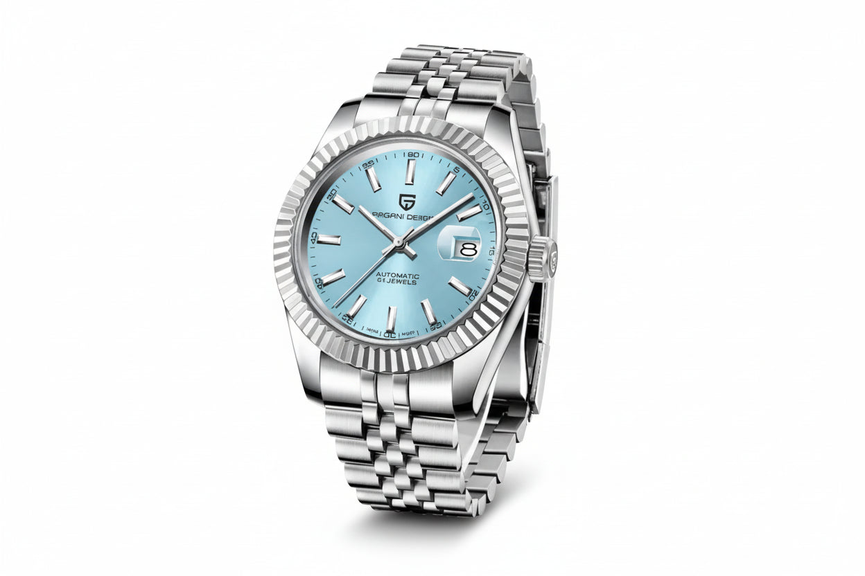 PAGANI DESIGN PD-1645 Jubilee automatic silver watch with ice blue dial, angled view