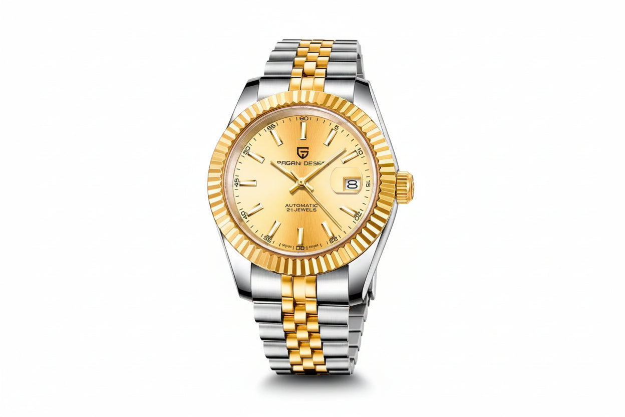PAGANI DESIGN PD-1645 Jubilee automatic two-tone watch with gold dial, angled view