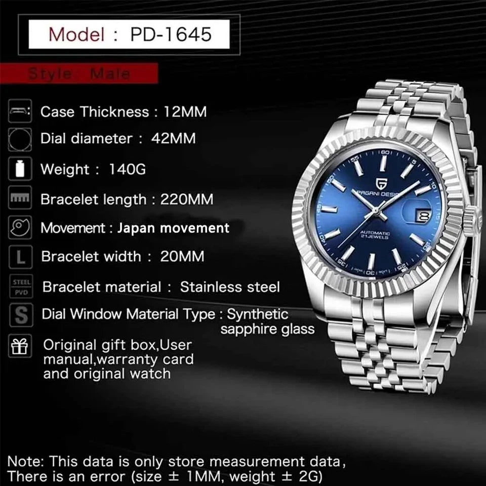 PAGANI DESIGN PD-1645 specifications graphic with case and bracelet dimensions