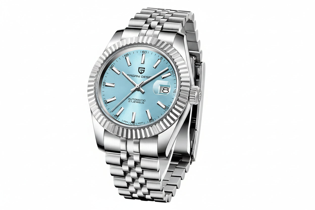 PAGANI DESIGN PD-1645 automatic watch ice blue dial fluted bezel front view