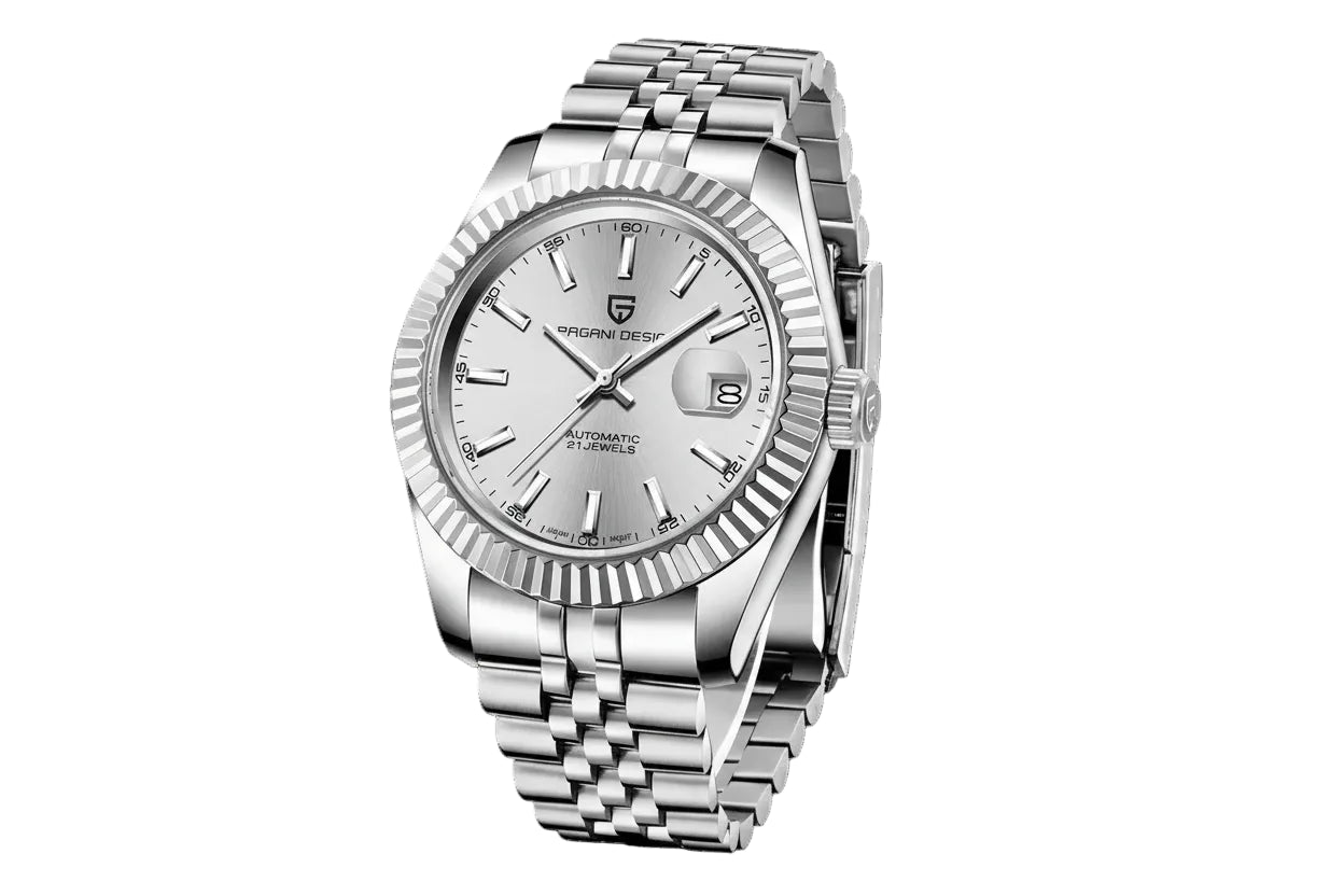 PAGANI DESIGN PD-1645 automatic watch with silver dial and fluted bezel front view