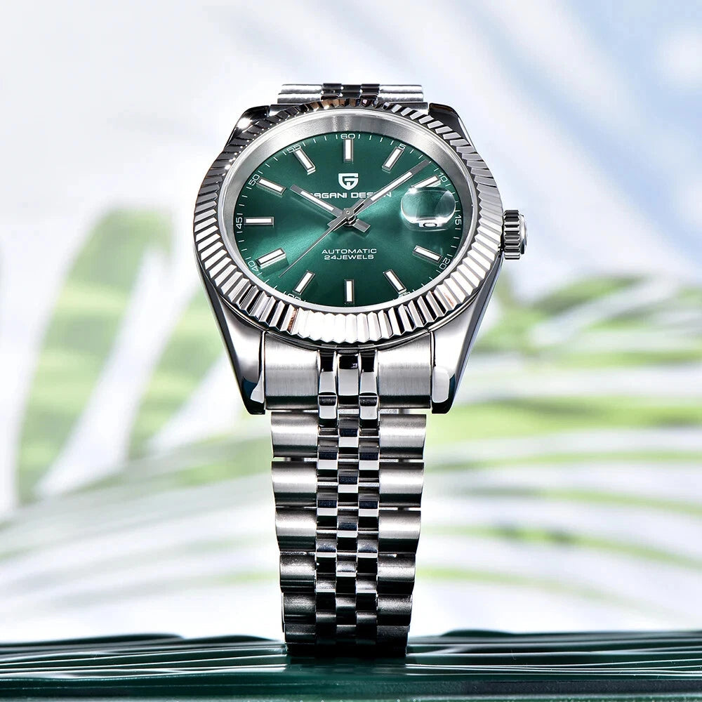 PAGANI DESIGN PD-1645 V3 Datejust automatic watch with green dial fluted bezel and jubilee bracelet