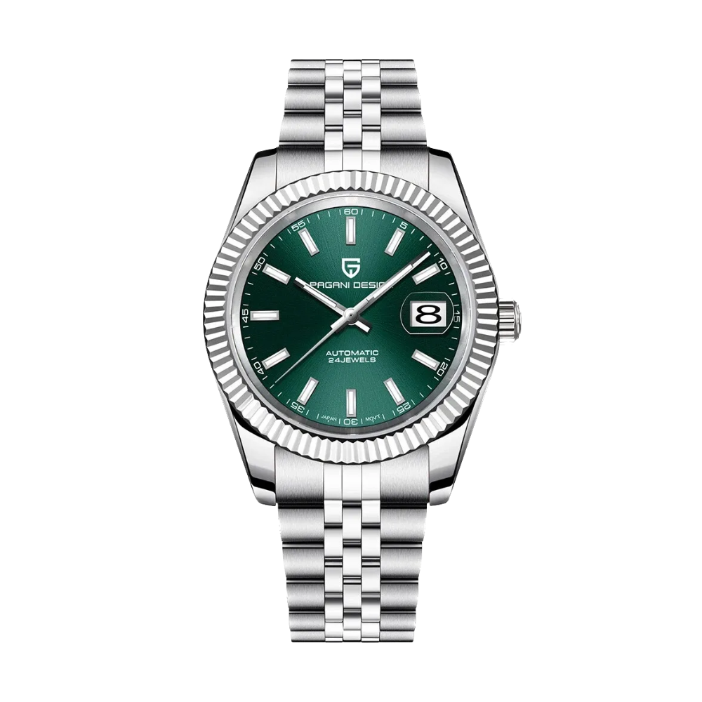 PAGANI DESIGN PD-1645 V3 automatic silver watch with green dial, front view