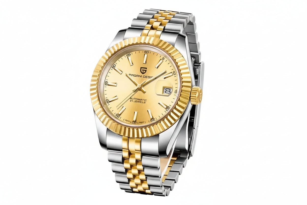 PAGANI DESIGN PD-1645 automatic watch with gold dial and two-tone bracelet front view