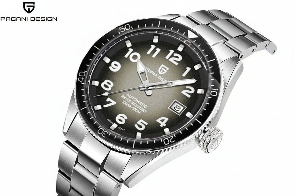PAGANI DESIGN PD-1649 automatic watch grey dial steel bracelet angled view