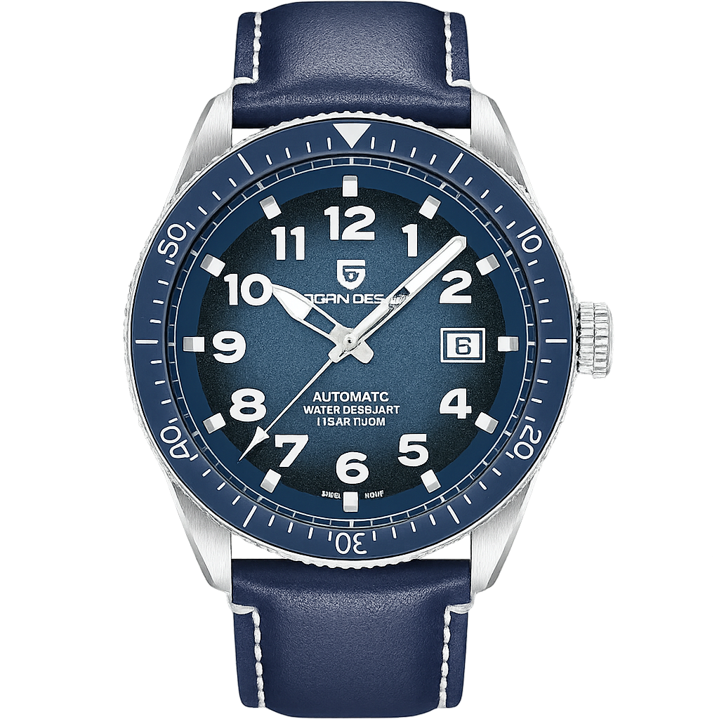 Front view of Pagani Design PD-1649 watch with blue dial, luminous numerals, date window at 3 o'clock and blue leather strap.