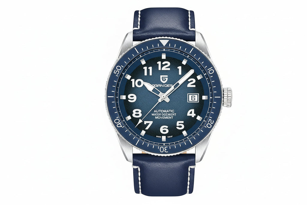 PAGANI DESIGN PD-1649 automatic diver watch blue dial blue leather strap front view