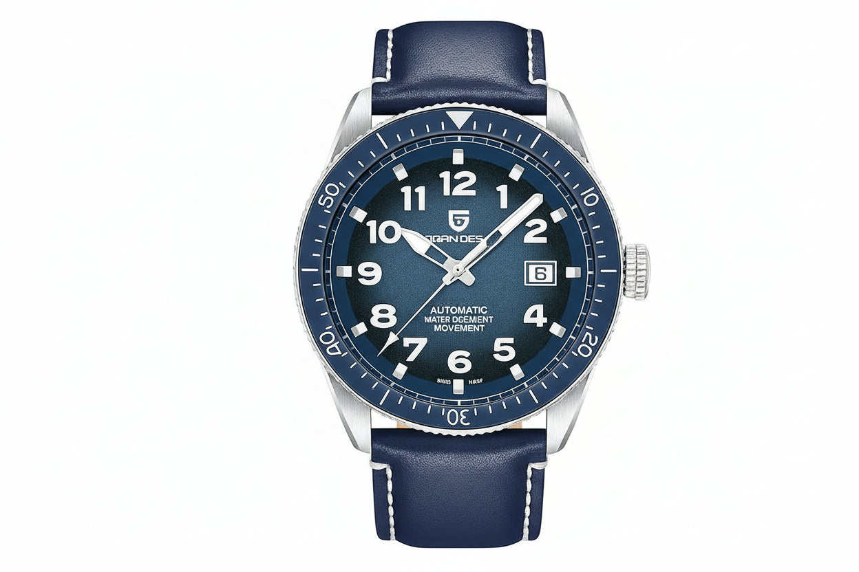 PAGANI DESIGN PD-1649 automatic diver watch blue dial blue leather strap front view