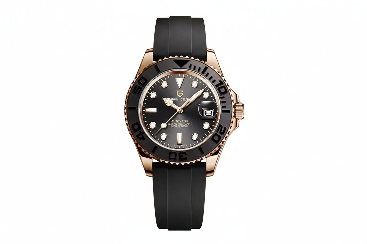 PAGANI DESIGN PD-1651 men's watch with black dial rose gold case and rubber strap front view