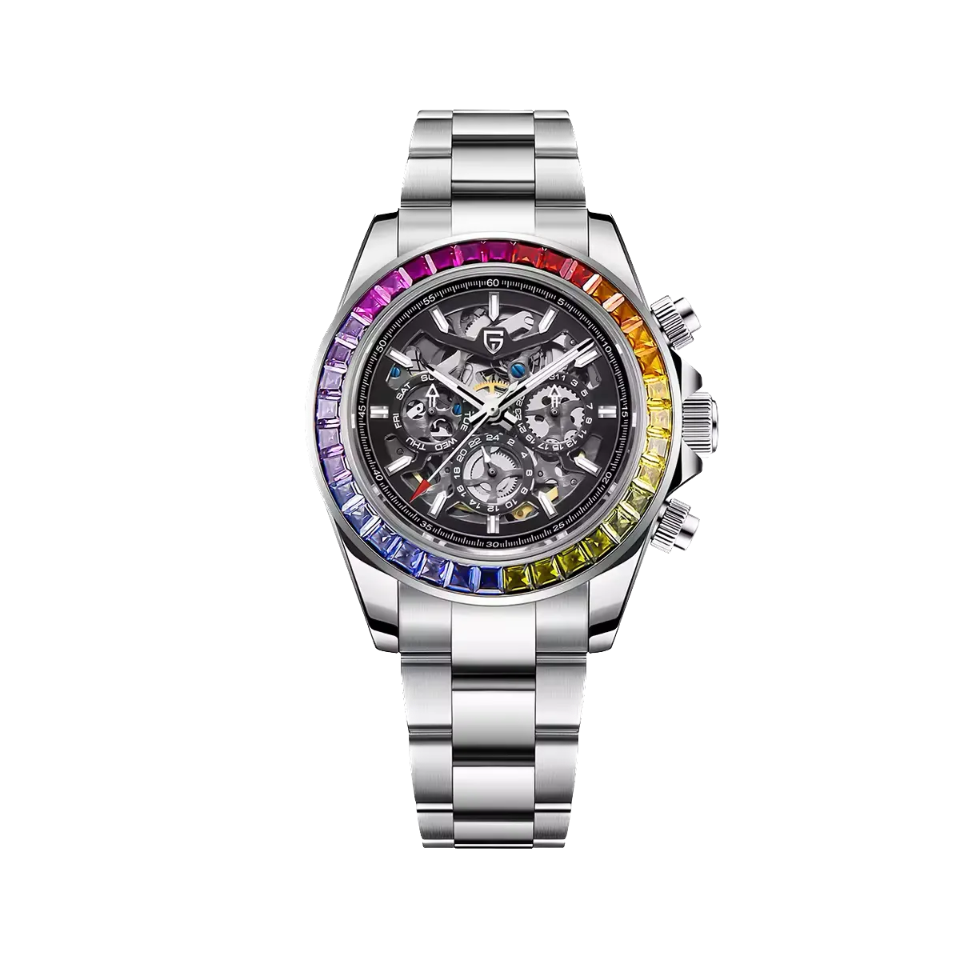 PAGANI DESIGN PD-1653 rainbow chronograph watch with skeleton black dial and rainbow bezel front
