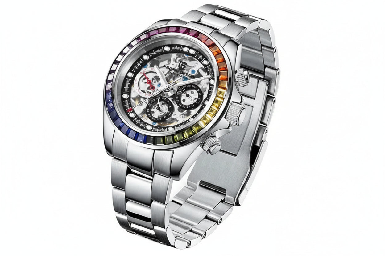 PAGANI DESIGN PD-1653 rainbow chronograph with skeleton dial and rainbow gem bezel angled view