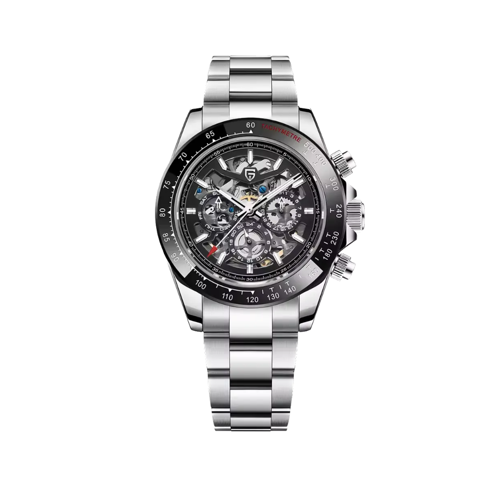 PAGANI DESIGN PD-1653 chronograph with skeleton black dial and black tachymeter bezel front view