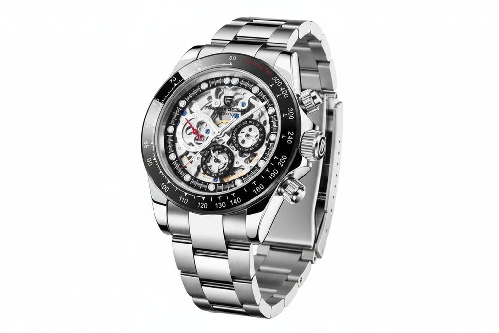 PAGANI DESIGN PD-1653 chronograph with skeleton white dial black bezel angled side view