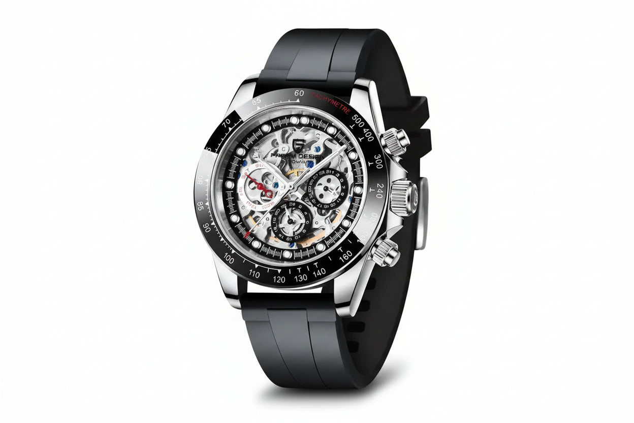 PAGANI DESIGN PD-1653 Rainbow Automatic Chronograph with rubber black dial, side view