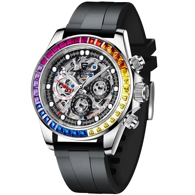 Angled view of Pagani Design PD-1653 automatic mechanical chronograph watch with skeleton dial, rainbow bezel of colored gemstones, and black rubber strap on a transparent background.