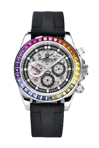 Front view of Pagani Design PD-1653 rainbow automatic mechanical chronograph watch with skeleton dial, rainbow bezel of colored gemstones, and black rubber strap on transparent background.