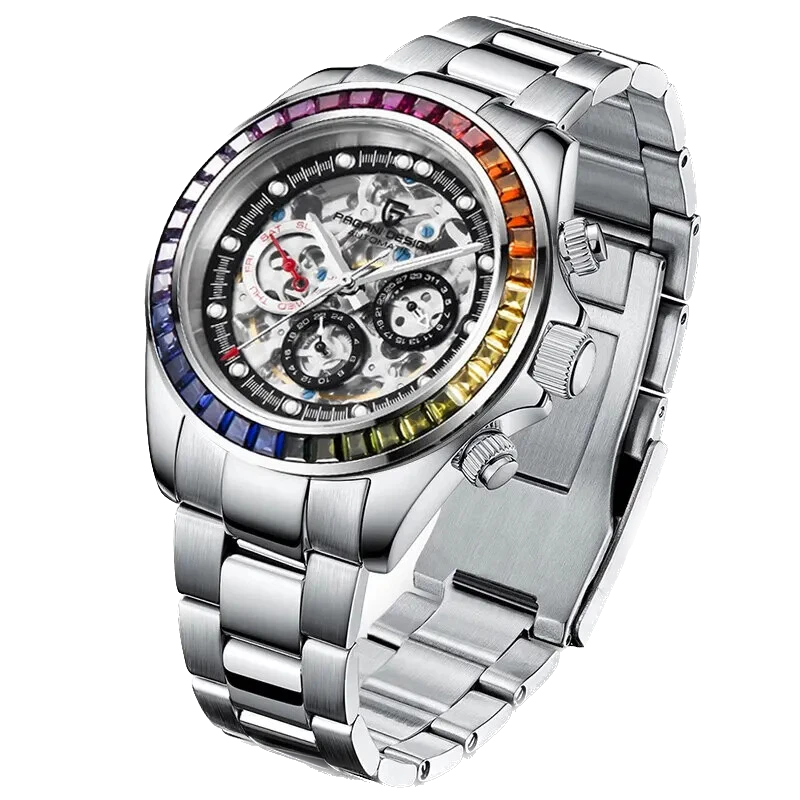 Angled view of Pagani Design PD-1653 automatic mechanical chronograph watch with skeleton dial, rainbow bezel of colored gemstones, and polished stainless steel bracelet on a transparent background.